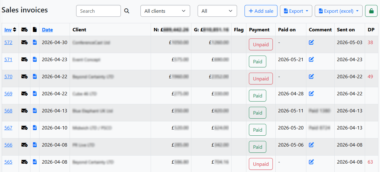 Accounting dashboard showing invoices, reconciliation and client documents