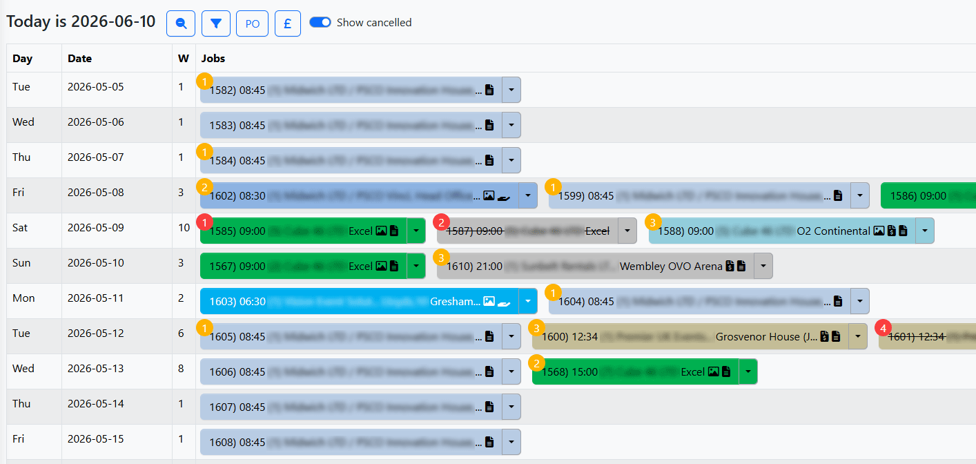 Live events crew scheduling dashboard showing jobs, venues and technician assignments