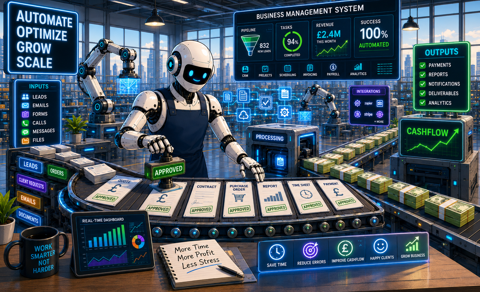 Automated business workflow with a friendly robot managing approvals and dashboards